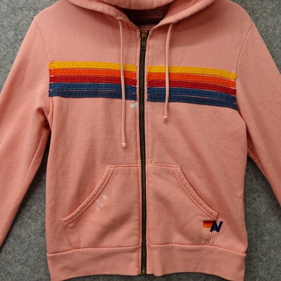 Aviator Nation Hoodie Womens XS Pink Crop 5 Stripe Rainbow Logo Fleece USA Made - Picture 13 of 15